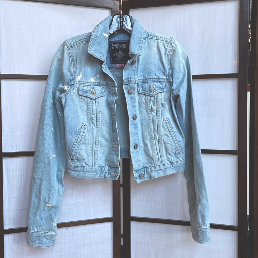 Victoria's Secret PINK distressed denim jacket love heart buttons